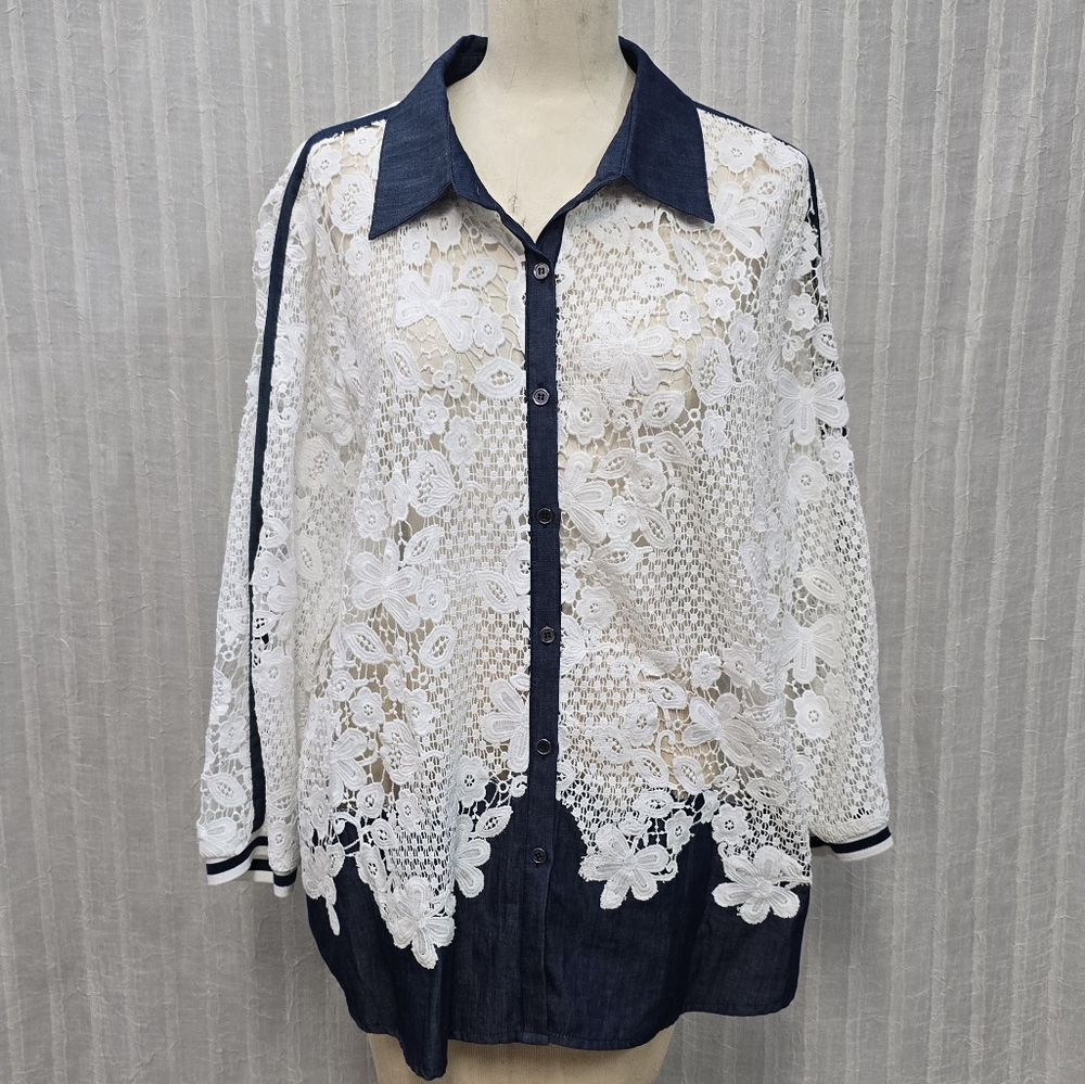 Alberto Makali Lace Button-Up Shirt with Denim Accents